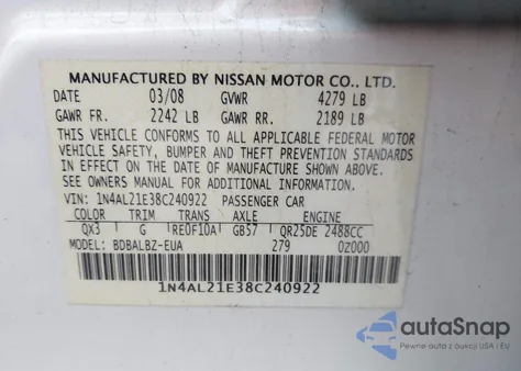 2008 Nissan Altima 2.5 S from USA, damaged, VIN 1N4AL21E38C240922
